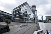 View of Dusseldorf-Hafen, an urban quarter located on the River Rhine and the location of the city's docks, Dusseldorf, North Rhine Westphalia, Germany, Europe