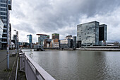 View of Dusseldorf-Hafen, an urban quarter located on the River Rhine and the location of the city's docks, Dusseldorf, North Rhine Westphalia, Germany, Europe