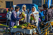 Orthodox gekleidete Frau beim Gemüsekauf, Asmara, Eritrea, Afrika