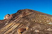 View along the slope and hiking trail up towards the Red Crater Volcano, on Tongariro Alpine Crossing, Tongariro National Park, UNESCO World Heritage Site, North Island, New Zealand, Pacific