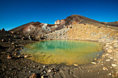 Shore of the Emerald Lake, natural vibrant colour gradient with view on the Red Crater Volcano of Tongariro National Park, UNESCO World Heritage Site, North Island, New Zealand, Pacific