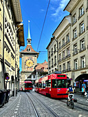 View of the east front of the iconic Zytglogge (Time Bell), located at the end of the Kramgasse, one of the principal streets in the Old City of Bern, the medieval city centre of Bern, Switzerland, Europe