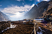 View on the vast Valley during sunset in Lang Tang Village, a high altitude village on the Lang Tang Valley Trek, Himalayas, Nepal, Asia