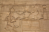 Pharaoh on left, God Atum in center, Reliefs, Ramesseum, Memorial Temple of Pharaoh Ramesses II, 13th century BC, Ancient Thebes, UNESCO World Heritage Site, Luxor, Egypt, North Africa, Africa