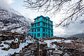 Colorful Turqouise lodge of Lang Tang Village, Lang Tang Trek, Himalaya, Nepal, Asia