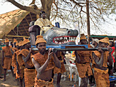 Paramount Chief Chitimukulu arriving to start the Ukusefya Pa Ng'wena Ceremony riding on his crocodile chair, Kasama, Zambia, Africa