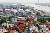 Aerial view over the Dauvaga River and the Central Market from St. Peter's church tower, Riga, Latvia, Baltic region, Europe