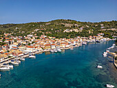 Aerial view of Gaios, the main port and harbour on the island of Paxos, Paxos, Ionian Islands, Greek Islands, Greece, Europe