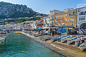 View of boats in Marina Grande overlooked by Capri Town in the background, Isle of Capri, Bay of Naples, Campania, Italy, Mediterranean, Europe