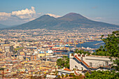 Elevated view from Castel Sant'Elmo of Naples and Mount Vesuvius in the background, Naples, Campania, Italy, Europe