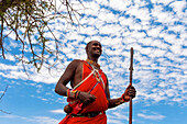 Maasai with spear in the bush, Lualenyi ranch, Mwatate, Kenya, East Africa, Africa