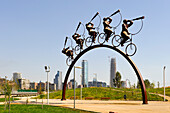 La Busqueda, sculpture by Hernan Puelma, on the promenade along the Mapocho River, with the smart and financial district nicknamed Sanhattan in the background, portmanteau word of Santiago and Manhattan, Santiago, Chile, South America