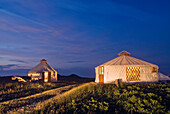 Yurt encampment, Vert et Mer, Ile du Havre aux Maisons, Magdalen Islands, Gulf of Saint Lawrence, Quebec province, Canada, North America