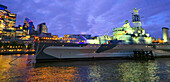 HMS Belfast and London skyline at dusk, London, England, United Kingdom, Europe