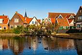 Volendam street with traditional Dutch houses, Volendam, North Holland, The Netherlands, Europe