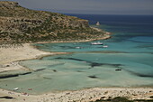 Balos Lagoon Beach and Cape Tigani, elevated view, Gramvousa Peninsula, Chania Region, Crete, Greek Islands, Greece, Europe