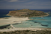 Balos Lagoon Beach and Cape Tigani, elevated view, Gramvousa Peninsula, Chania Region, Crete, Greek Islands, Greece, Europe