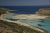 Strand der Lagune von Balos und Kap Tigani, Blick von oben, Halbinsel Gramvousa, Region Chania, Kreta, Griechische Inseln, Griechenland, Europa