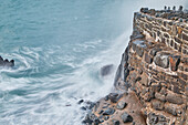 Evening shoreline, Atlantic surf crashing against the harbour wall at Hartland Quay, north Devon, England, United Kingdom, Europe