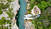 Aerial of an old watchtower in the Herault gorge, UNESCO World Heritage Site, Causses and Cevennes, Herault, Occitanie, France, Europe