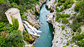 Aerial of an old watchtower in the Herault gorge, UNESCO World Heritage Site, Causses and Cevennes, Herault, Occitanie, France, Europe