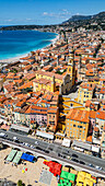 Luftaufnahme der Küstenstadt Menton, Alpes Maritimes, Provence-Alpes-Côte d'Azur, Côte d'Azur, Frankreich, Europa