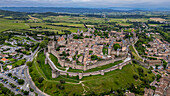 Aerial of the Cite de Carcassonne citadel, UNESCO World Heritage Site, Carcassonne, Aude, Occitania, France, Europe