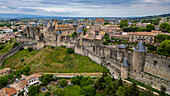 Aerial of the Cite de Carcassonne citadel, UNESCO World Heritage Site, Carcassonne, Aude, Occitania, France, Europe