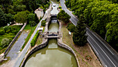 Luftaufnahme des Canal du Midi bei Carcassonne, UNESCO-Welterbe, Aude, Okzitanien, Frankreich, Europa