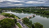 Aerial of the historic Bridge of Saint Benezet (Pont d'Avignon) with the historic city, Avignon, UNESCO World Heritage Site, Vaucluse, Provence-Alpes-Cote d'Azur, France, Europe