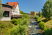 View from Hirzel Villa to Forum Gold and Silver, Rems River, Schwabisch Gmund, Remstal Valley, Baden-Wurttemberg, Germany, Europe