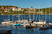 Bootsanleger mit Booten auf dem Wasser mit Blick auf den Schluchsee, Schwarzwald (Black Forest), Baden-Württemberg, Deutschland, Europa