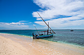 Traditional Dhow on a white sand beach, Goa island near the Island of Mozambique, Mozambique, Africa