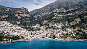 Aerial of Positano, The Amalfi Coast, UNESCO World Heritage Site, Campania, Italy, Europe