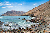 Coastline and recovery place of the Chinchorro Mummies, UNESCO World Heritage Site, Camarones Valley, northern Atacama desert, Chile, South America