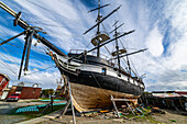 Replica of historic ship, Nao Victoria Museo, Shoreline of Punta Arenas, Patagonia, Chile, South America