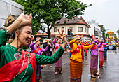 Songkram Thai Buddhist New Year parade, blessings and water battles celebrations in Chiang Mai, Thailand, Southeast Asia, Asia