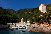 San Fruttuoso Abbey, a Romanesque religious building located in a secluded bay on the Italian Riviera near Genoa, between Camogli and Portofino.Liguria, Italy, Europe