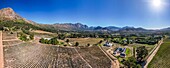 Pfade durch Blumen und Wildtiere im Mont Rochelle Nature Reserve mit Blick auf das Franschhoek-Tal und Franschhoek, eine Stadt mit jahrhundertealten Weinbergen und kapholländischer Architektur, Franschhoek, Westkap, Südafrika, Afrika