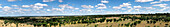 A panoramic view of the serene landscape of rolling hills dotted with oak trees, expansive fields, under a cloudy blue sky, Alentejo, Portugal, Europe