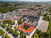 Aerial of the Monastery of the Dominicans of Batalha, built to commemorate the Portuguese victory over the Castilians at the battle of Aljubarrota in 1385, UNESCO World Heritage Site, Batalha, Centro, Portugal, Europe