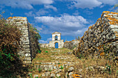 Bell tower against sky with clouds on top of a church at Agia Mavra Fort, Lefkada, Ionian Island, Greek Islands, Greece, Europe