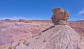 Ein einsamer Hoodoo-Felsen am Rande eines Bergrückens mit Blick auf den Jim Camp Wash am Südende des Petrified Forest National Park, Arizona, Vereinigte Staaten von Amerika, Nordamerika