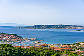 Viewpoint of Palau on the coast of Sardinia with La Maddalena island in the background, Sardinia, Italy, Mediterranean, Europe