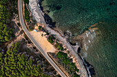 Aerial drone view above view of camper van with solar panels on Sardinia coast, Sardinia, Italy, Mediterranean, Europe