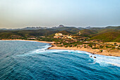 Portu Maga village on the Costa Verde (Green Coast) of Sardinia, aerial drone at sunset, Sardinia, Italy, Mediterranean, Europe