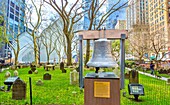 The Bell of Hope gifted in 2002 by a church in London in memory of those killed in the 9/11 terrorist attacks, outside St. Paul's Chapel, the oldest surviving public building in the city, New York City, United States of America, North America