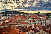 Aerial view of Old Town with distant view of Prague Castle as seen from Powder Tower, UNESCO World Heritage Site, Prague, Czechia, Europe