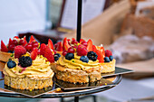 Sweet pastry on display at farmers market on Vltava riverside near Palackeho namesti, Prague, Czech Republic (Czechia), Europe