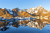 Morning view of the marina of Ballstad and reflection of mountains in the calm and frozen water, spring season, Ballstad, Vestvagoy, Lofoten Islands, Norway, Scandinavia, Europe